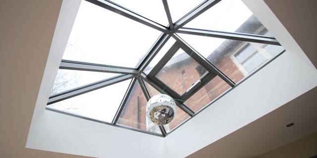 Contemporary orangery - Bunbury, Cheshire.  Interior shot showing modern triple glazed aluminium roof light.