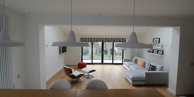 Internal shot of split level dining / living space in a large open plan conversion in Heswall, Wirral.