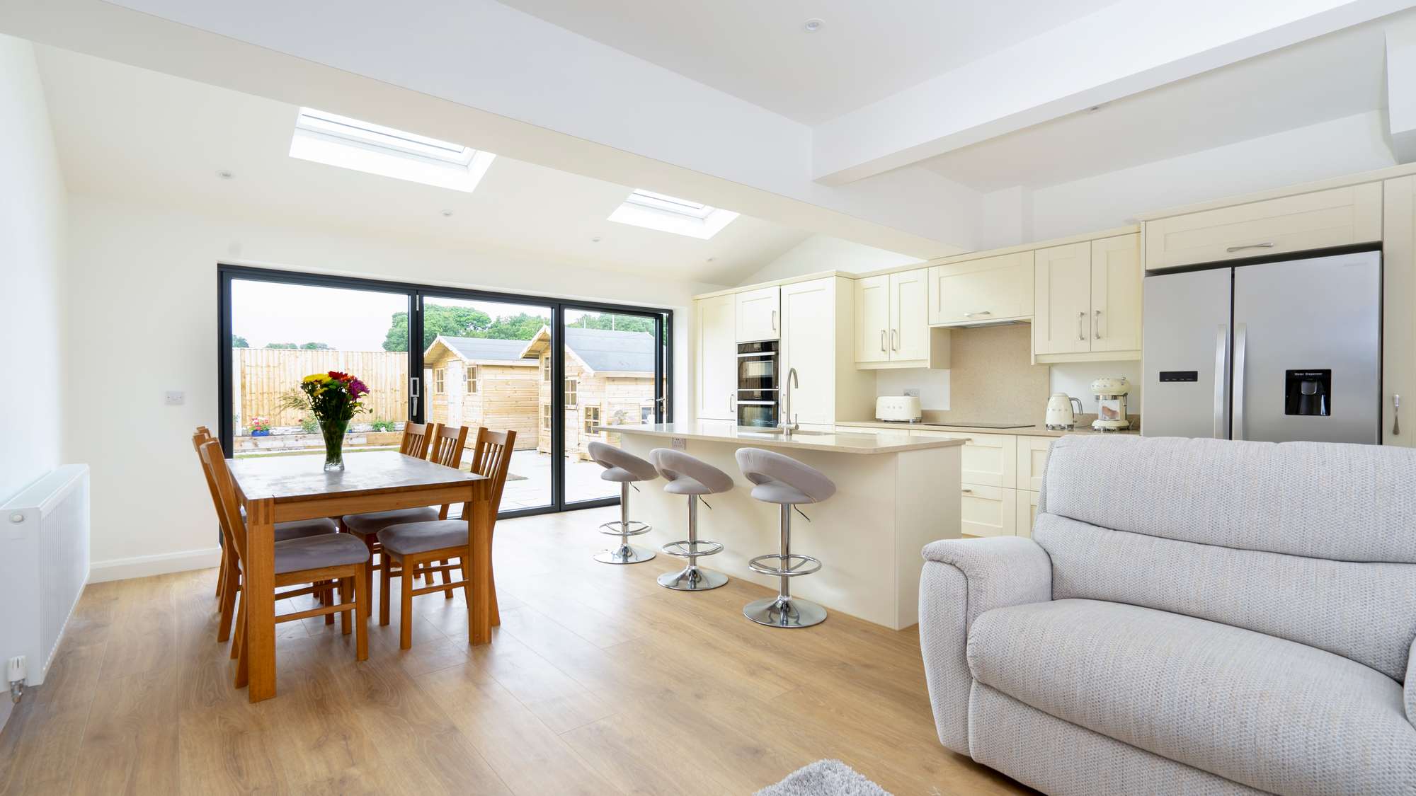 Open plan extension featureing living, dining and kitchen all in one space, Bebington Wirral.