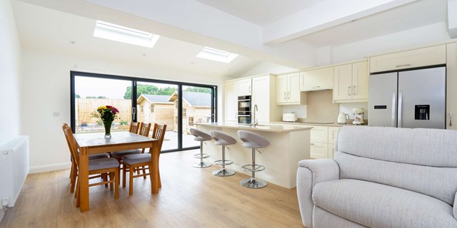 Open plan extension featureing living, dining and kitchen all in one space, Bebington Wirral.