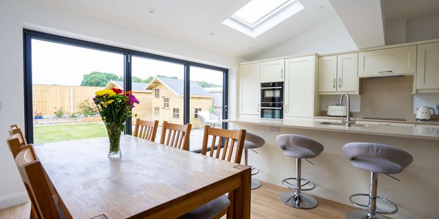 Close up of the kitchen and dining area at this kitchen extension, Wirral.